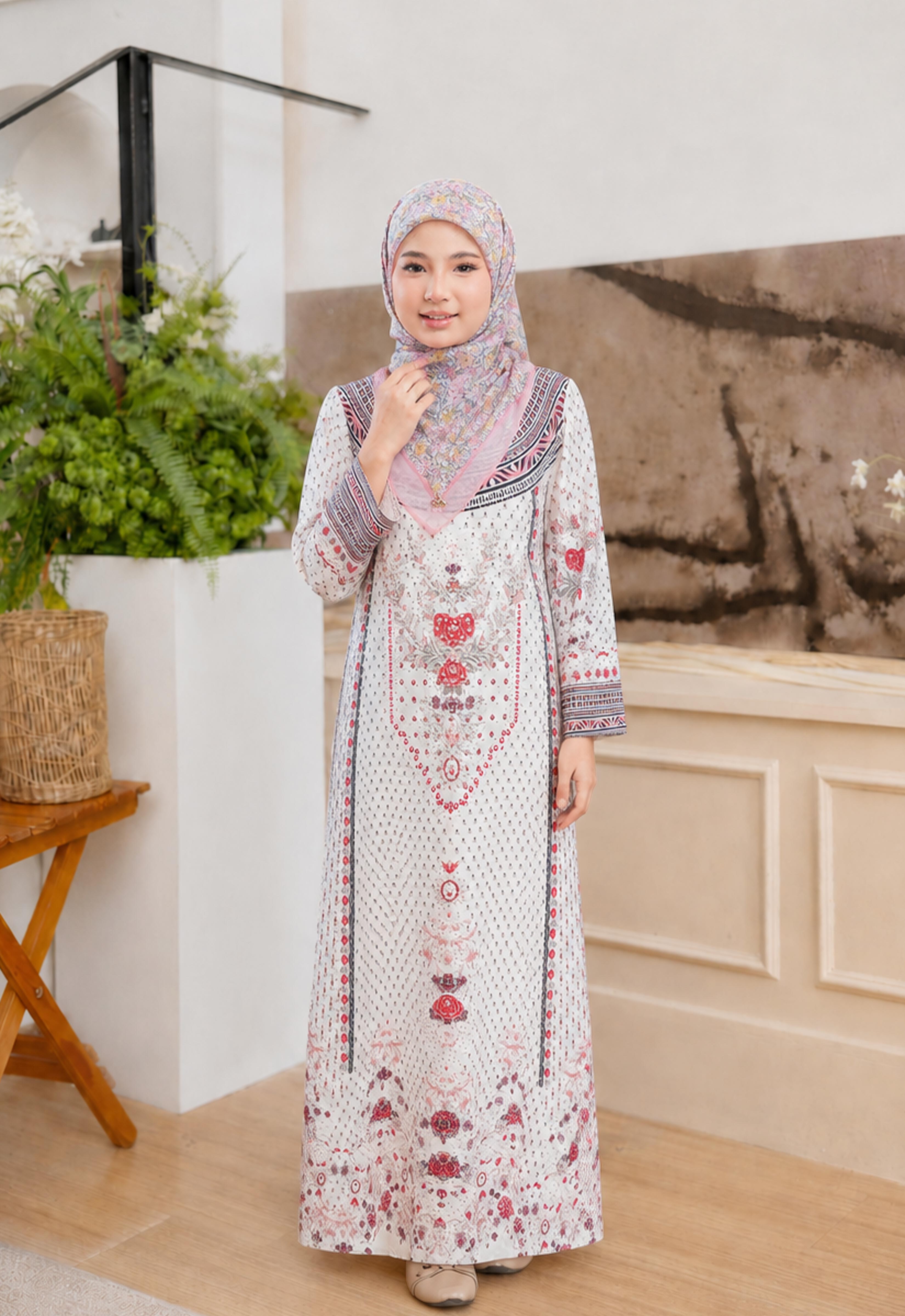 MINAZ ABAYA | KIDS TAALIA PRINTED JALABIYA - CREAM RED