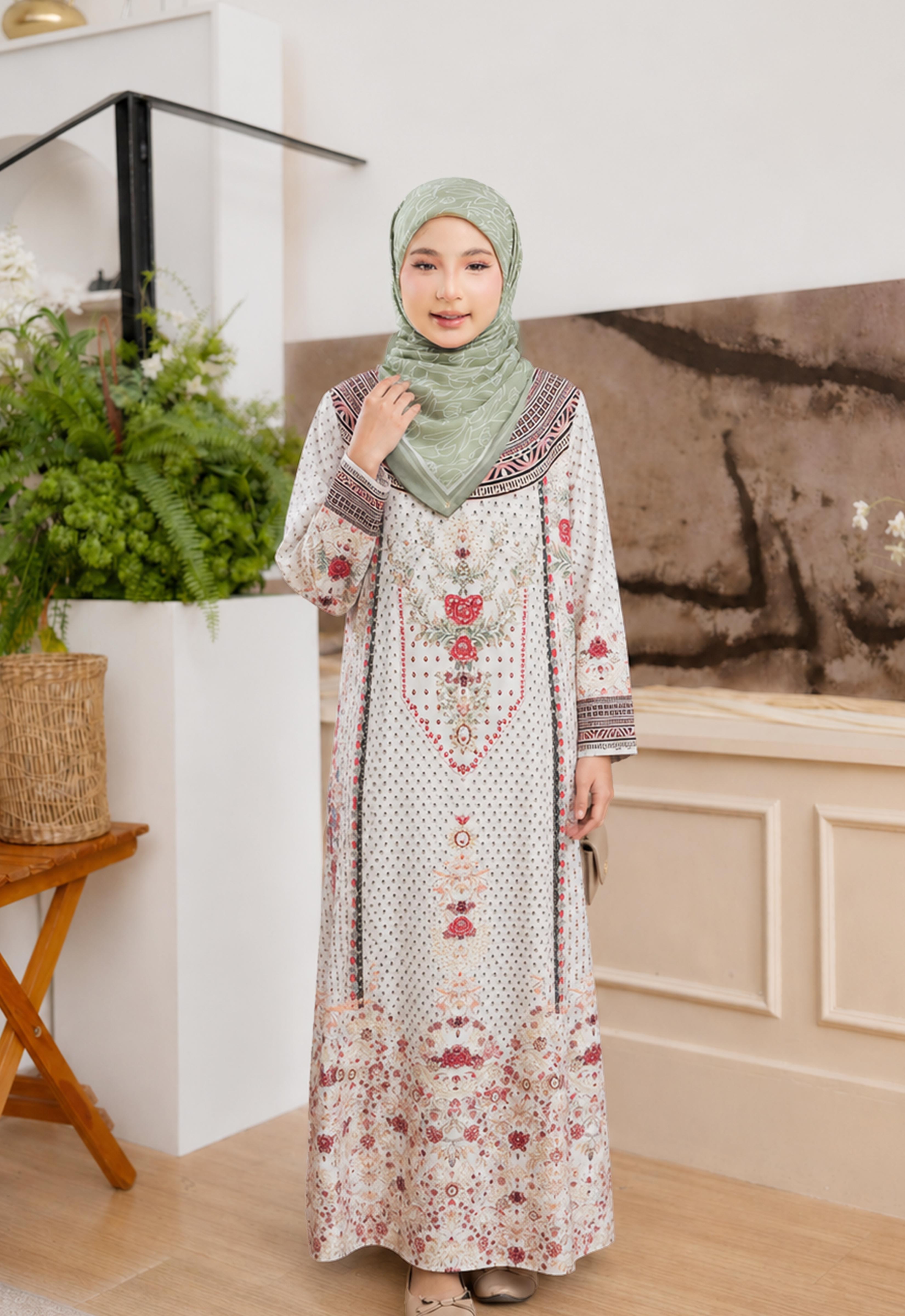MINAZ ABAYA | KIDS TAALIA PRINTED JALABIYA - OFF WHITE SALMON
