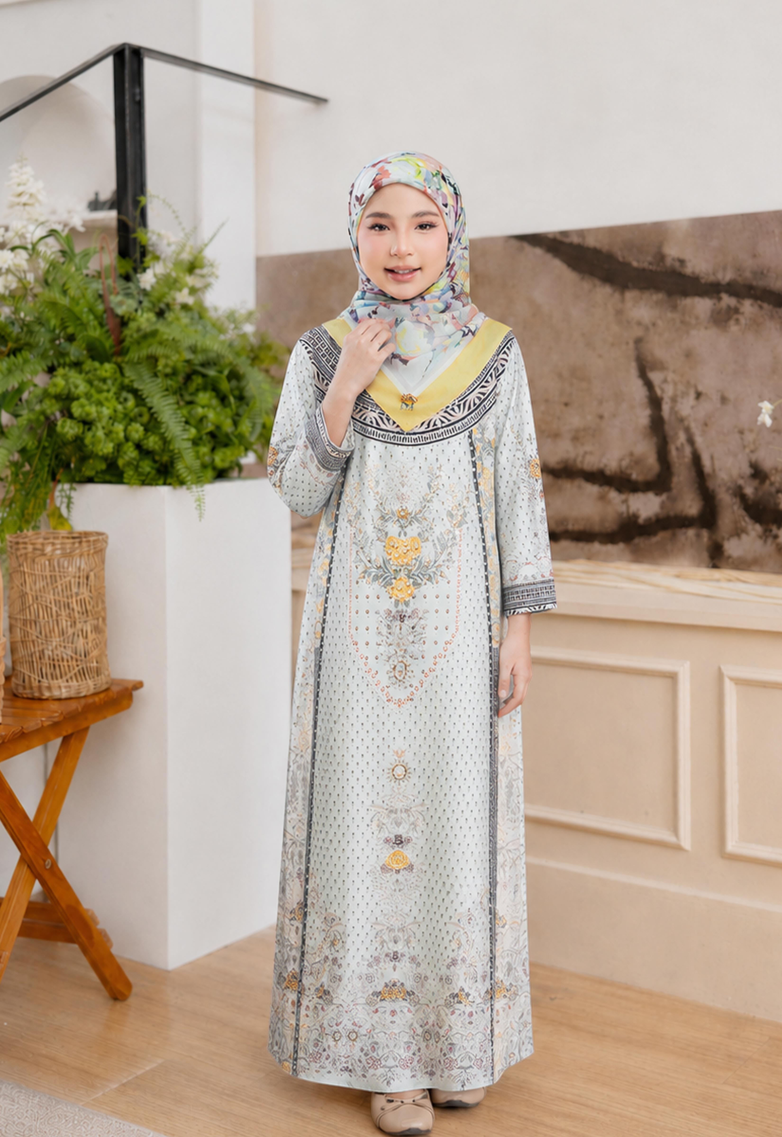 MINAZ ABAYA | KIDS TAALIA PRINTED JALABIYA - YELLOW DUSTY GREEN