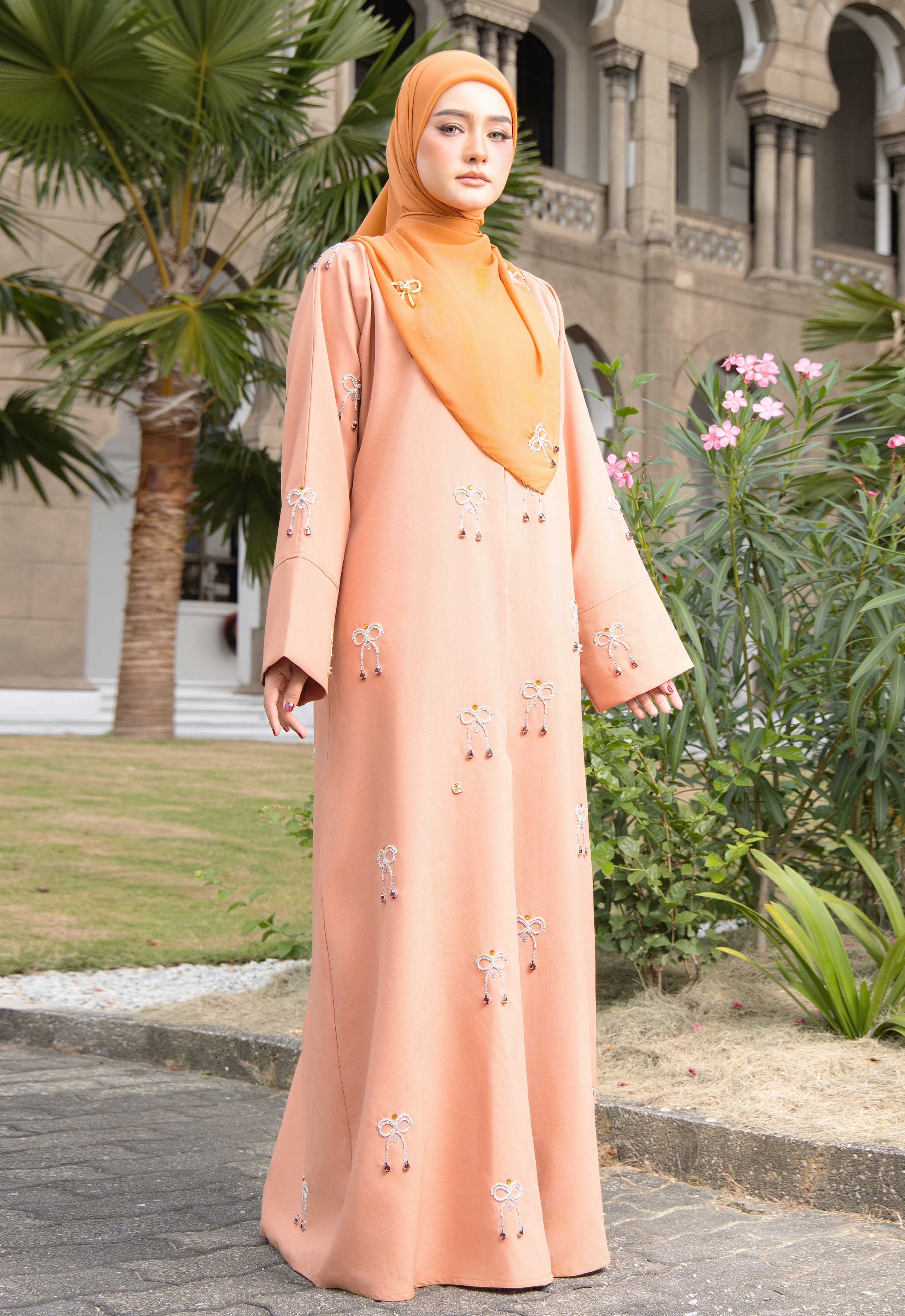 WAFA LUXE RIBBON ABAYA 2.0 - PASTEL CORAL