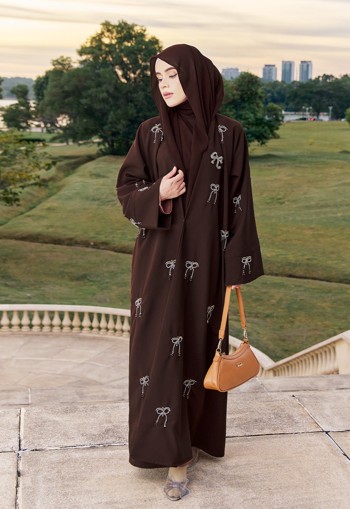 WAFA LUXE RIBBON ABAYA - DARK BROWN