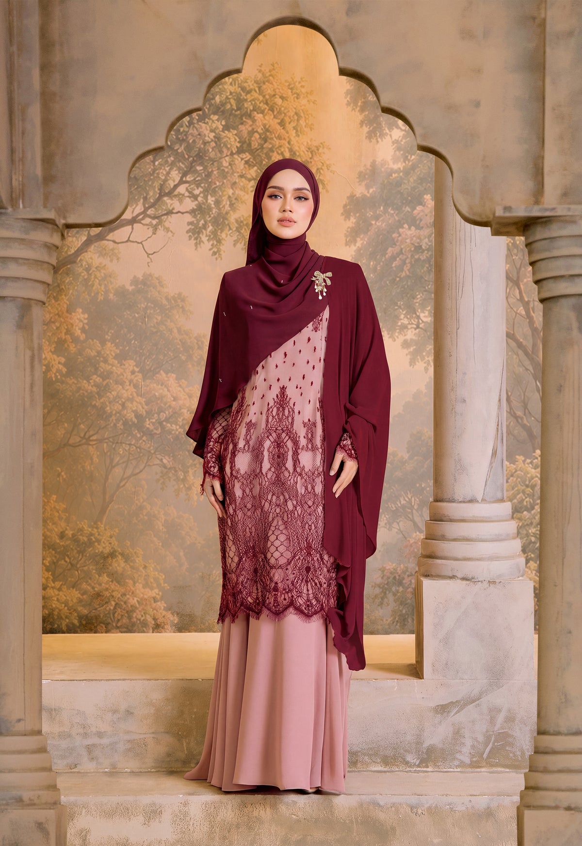 LUXE SERIES |YASMEEN LACEY KURUNG MODERN  - MAROON